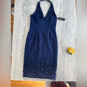 Aidan Mattox Navy Beaded Floral Halter Cocktail Evening Midi Dress